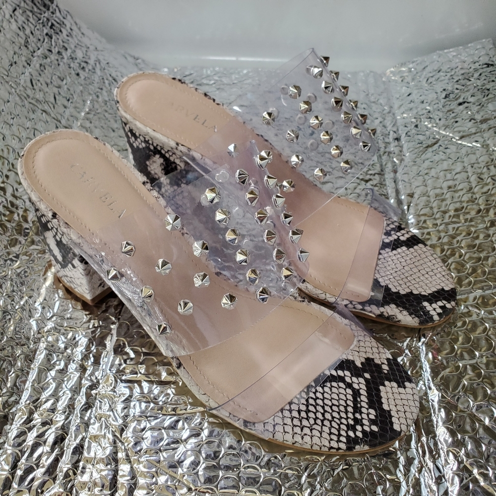 Carvela Spike Studded Clear Snakeskin Mule Sandals